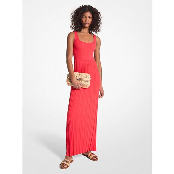 MICHAEL KORS Pink Red Ribbed Knit Stretch Maxi Dress Size XS - Picture 1 of 9